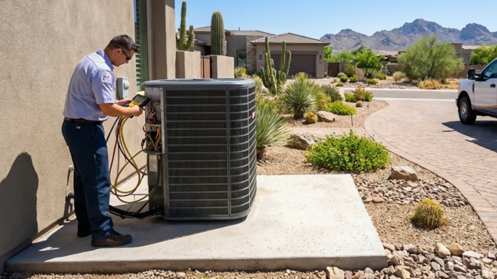 Air conditioning maintenance work on a residential system in Mesa, Arizona