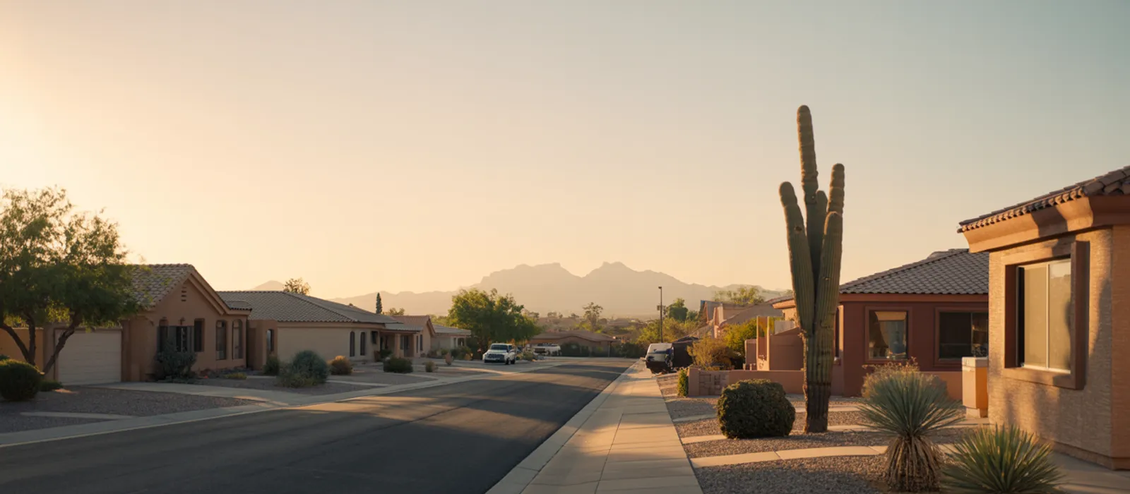 A quiet East Valley residential street at golden hour, with desert landscaping, tile-roofed homes and mountains on the horizon