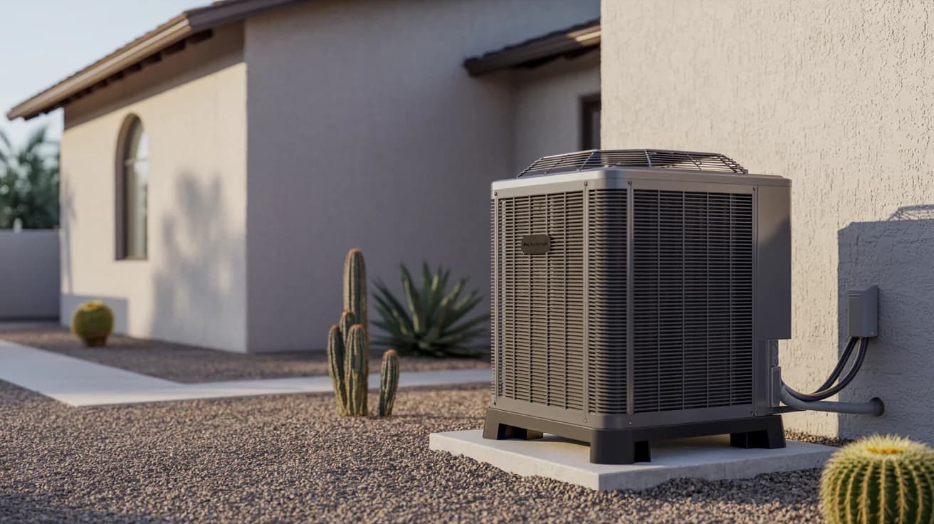 Illustrative outdoor condensing unit beside a stucco Arizona home with desert landscaping
